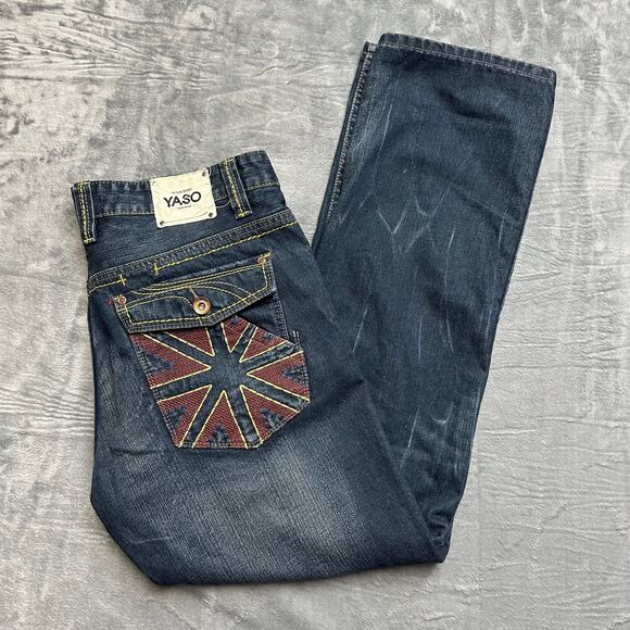 Vintage New Yaso Bootcut Jeans Men's Size 36x32 Dark Blue Denim Embroidered - Picture 1 of 7